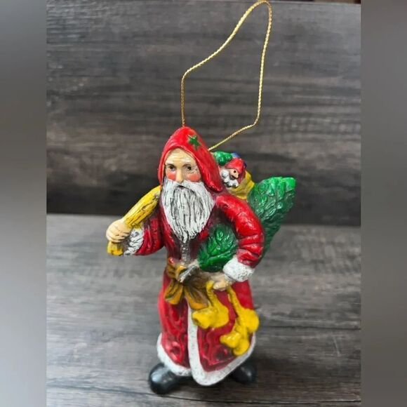 Vintage Santa with Toys Glass Holiday Ornament on String - Picture 1 of 5